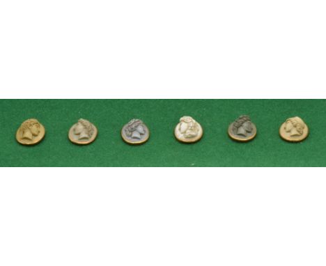 A set of six Victorian lava cameo buttons, each set with oval vari-coloured lava cameo panels carved to depict classical port