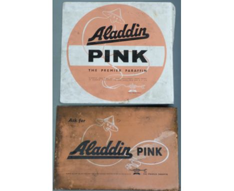 Two Aladdin Pink paraffin double sided vintage signs, one enamel 30 x 46cm the other marked A/5/66, 40 x 43cm