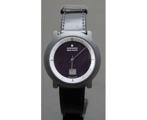 Junghans Mega Solar gentleman's wristwatch with stainless steel hands, silver inner bezel, digital screen and black ceramic c