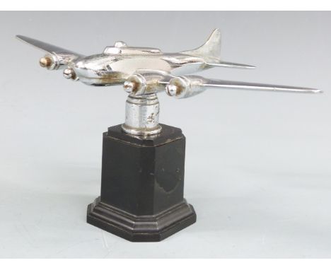 Chrome four engine aircraft vintage car mascot, wingspan 22cm, on black display base