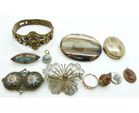 Victorian cut steel bracelet, 9ct gold ring (1.6g), micro mosaic brooch and pendant, lava cameo, agate brooch, filigree brooc