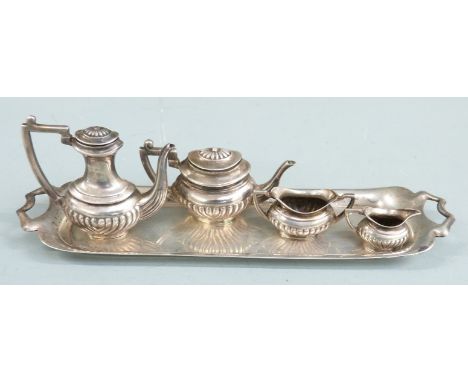 Novelty hallmarked silver tea set on tray comprising tray, teapot, sugar bowl and milk jug, London 1978 maker&nbsp;A Chick &a