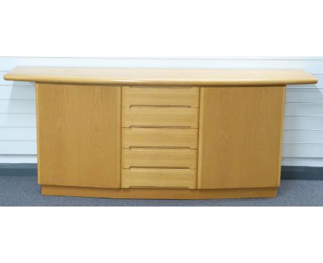 Skovby retro light elm or similar sideboard with bow fronted top and four drawers flanked by two cupboards,&nbsp;W200 x D49 x