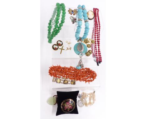 A collection of jewellery including coral, jade style quartz and turquoise style necklaces, silver ring, micro mosaic, 9ct go