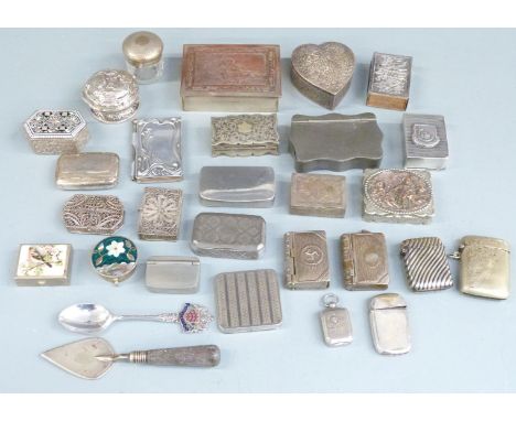 Twenty seven mainly silver plated boxes and similar containers to include vesta cases, Art Nouveau Berlin aide memoire, filig