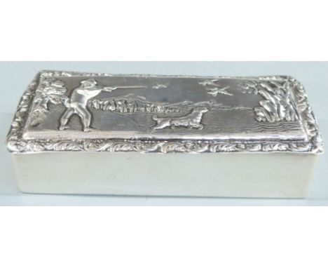 Early 20th century hallmarked silver trinket box with embossed shooting scene to lid, Chester hallmark but rubbed, maker&nbsp