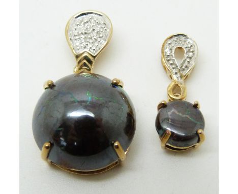 Two 9ct gold pendants set with boulder opal and diamonds, 4.8g