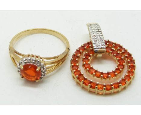 A 9ct gold ring set with a round cut Mexican fire opal and white sapphires and a 9ct gold pendant set with fire opals and zir