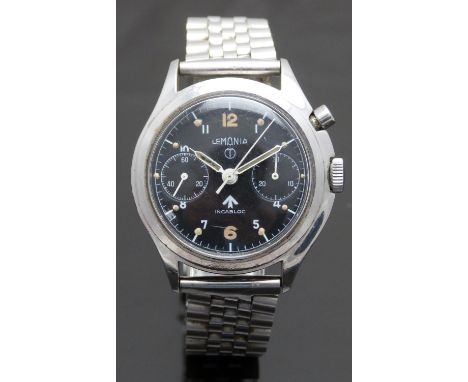 Lemania RAF pilot's single button chronograph wristwatch with luminous hands and hour markers, Arabic numerals, inset subsidi