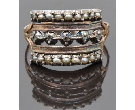 Georgian ring set with seed pearls and diamonds, size R, 4.05g&nbsp;