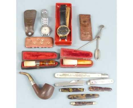 Fero and John Barrel wristwatches, various folding knives and tools, Kiwi advertising shoe horn, two cased cheroot holder, pi