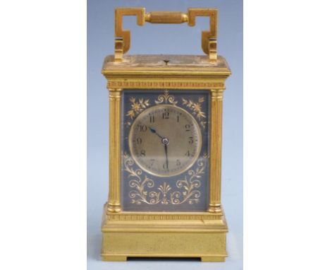 A c1900 brass cased carriage clock with half hourly repeater mechanism no 6828, the dial with blued engine worked engraved su