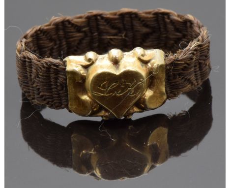 Victorian plaited hair&nbsp;mourning ring with gold heart decoration