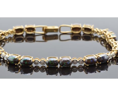 A 9ct gold bracelet set with Australian boulder opal cabochons and diamonds, 11.2g