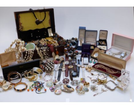 A collection of costume jewellery including beads, brooches, watches including Timex, Citizen, etc&nbsp;