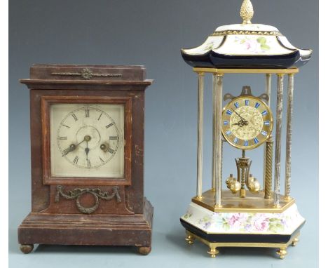 French style six pillar Anniversary clock with painted ceramic pergola top and matching hexagonal base, the quartz movement b