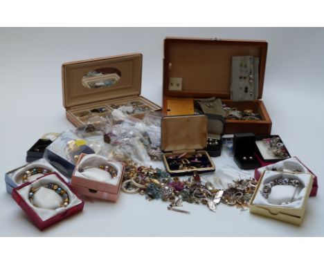 A collection of jewellery including silver and vintage earrings, necklaces, beads, etc