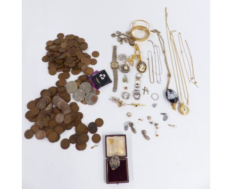 A collection of costume jewellery including, silver brooches, rings and fob, 9ct gold ring, coins etc