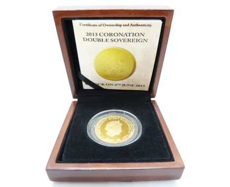 QEII 2013 gold double sovereign with cameo portrait struck on 2nd June, 60th Anniversary of the Coronation, 26/99 with certif