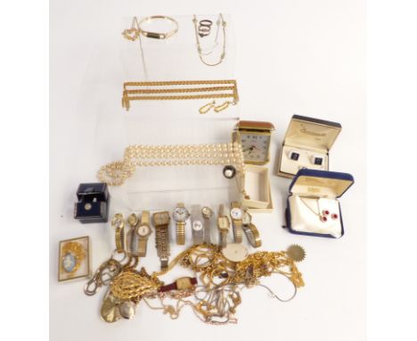 A collection of costume jewellery and watches including a 9ct gold ring, silver pendant, Timex watch, silver ring, chains etc