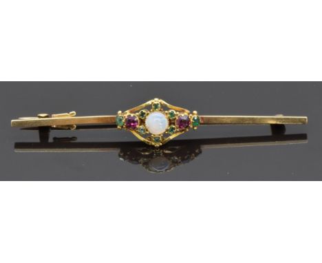 A 9ct gold bar brooch set with section of a Victorian opal, tourmaline and garnet&nbsp;ring&nbsp;