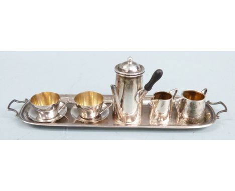 Novelty Edward VII hallmarked silver tea, coffee or similar set on tray comprising tray, coffee or similar pot, sugar bowl, m