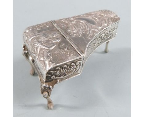 Victorian hallmarked silver novelty trinket box or vesta in the form of a grand piano with embossed decoration, import marks 