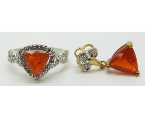 A 9ct white gold ring set with a trilliant cut Mexican fire opal and zircon and a 9ct gold pendant set with a trilliant cut M