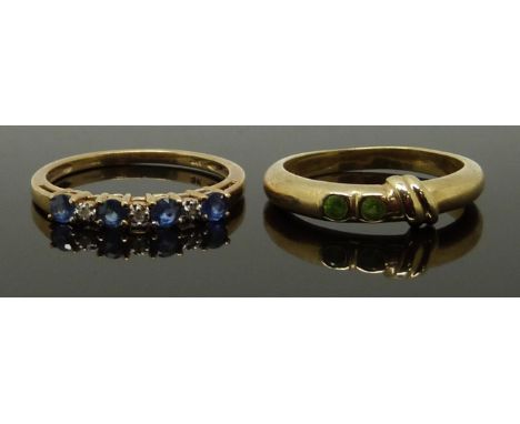 A 9ct gold ring set with peridot and a 9ct gold ring set with sapphires and diamonds, size N &amp; O, 4.32g&nbsp;