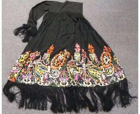 A 19th/20thC Chinese embroidered cloak with fringe and integral scarf tie, 170 x 110cm&nbsp;