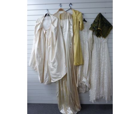 Four vintage wedding dresses, including one Nottingham lace example, lined ivory skirt etc