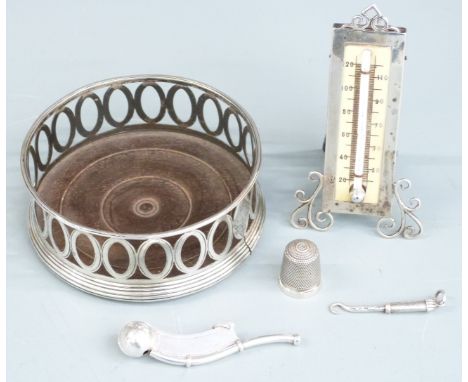 Hallmarked silver mounted thermometer, white metal bosun's whistle, hallmarked silver thimble and a 19th century wine coaster