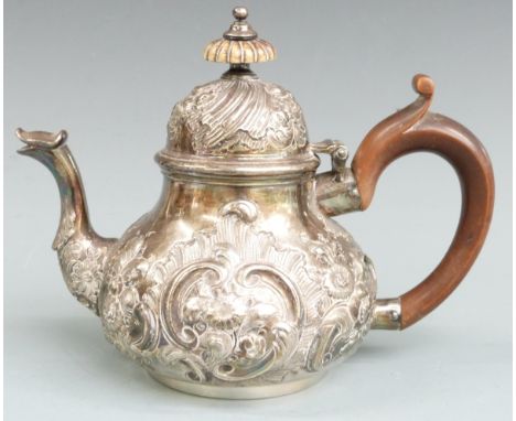 18th century likely Italian white metal teapot of squat Queen Anne form, with multiple 75 grade silver marks and stars to bas