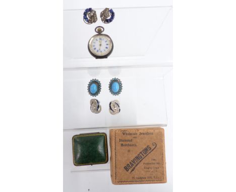 A pair of French silver earrings set with paste, a pair of Boucher earrings and one other pair, together with a silver fob wa