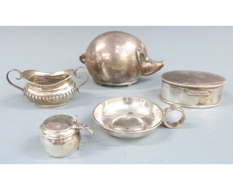 Modern hallmarked silver chamber stick or similar single handled dish, hallmarked silver two handled open salt and a mustard,