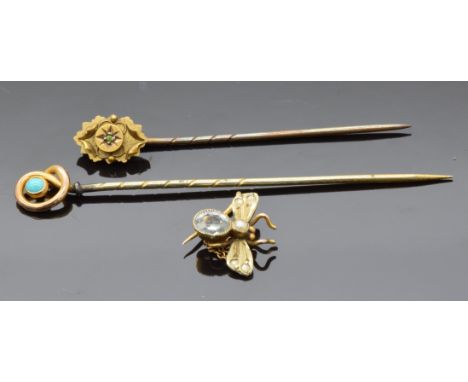 Two 9ct gold Victorian stick pins and a Victorian fly brooch/ pin set with aquamarine and seed pearls&nbsp;