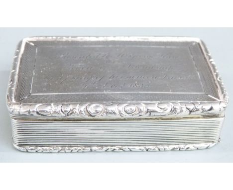 William IV hallmarked silver snuff box with reeeded edge and engine turned decoration, with inscription dated 1835 to lid, Bi