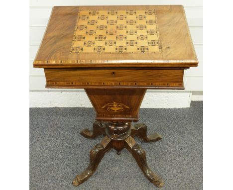 Victorian Tunbridge ware walnut games table with chess board top opening to reveal a tooled leather and velvet card table and