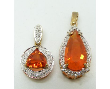 A 9ct gold pendant set with a trilliant cut Mexican fire opal and diamonds and a 9ct gold pendant set with a pear cut Mexican