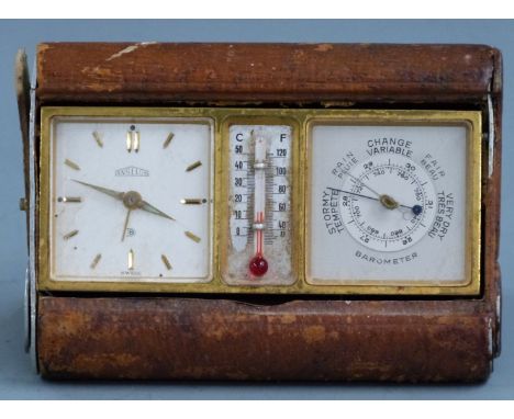 Angelus mid 20thC Swiss clock/barometer travel compendium, the baton numerals on metal dial with luminous spear hands, the Sw