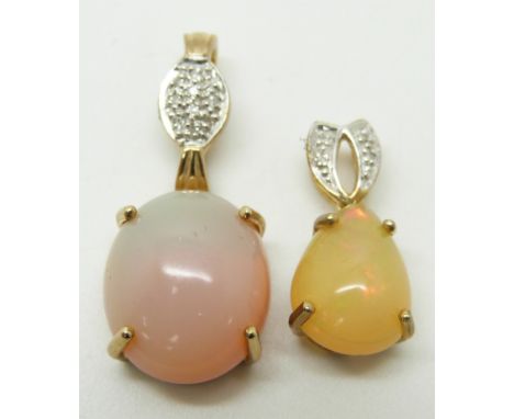 Two 9ct gold pendant set with an opal cabochon and diamonds&nbsp;