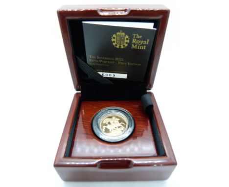 QEII 2015 fifth head&nbsp;proof&nbsp;gold&nbsp;full sovereign, Royal Mint first edition, in deluxe case with certificate 6009