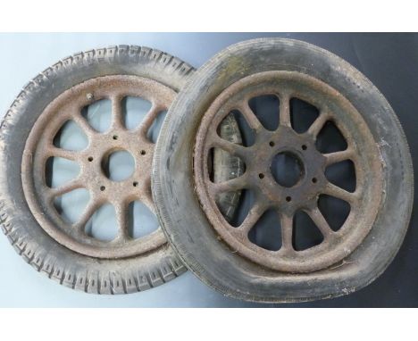 Pair of veteran or vintage car artillery wheels fitted with 20 inch tyres