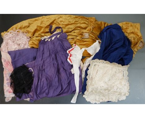 Edwardian and vintage clothing including a yellow velvet opera cloak, floral fringed silk shawl, 150 x 150cm, royal blue silk