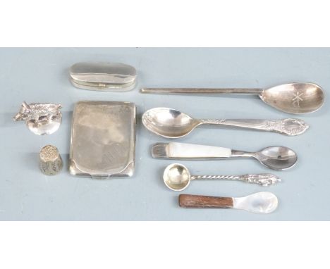 Three hallmarked silver and white metal spoons, hallmarked silver match case and a silver lidded box, weight 92g together wit
