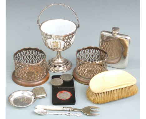 Pair of silver plated wine coasters, swing handled basket with glass liner, silver plated hip flask, ivory backed brush etc