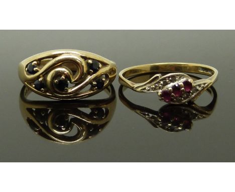 A 9ct gold ring set with sapphires and a 9ct gold ring set with rubies and diamonds, size P/Q &amp; Q/R, 5.40g&nbsp;