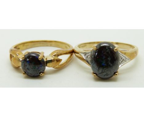 Two 9ct gold rings set with boulder opal, 5g, size N