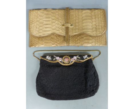 Vintage finely beaded black evening bag and a crocodile skin clutch bag, largest 14 x 29cm&nbsp;
