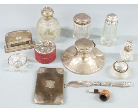 Hallmarked silver capstan inkwell, diameter 14cm, six hallmarked silver mounted glass items, hallmarked silver perpetual cale